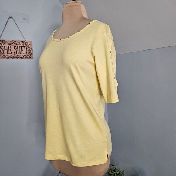 NEW Quacker Factory Top Womens Cold Shoulder Pastel Yellow Beaded XS Grannycore - Picture 4 of 15